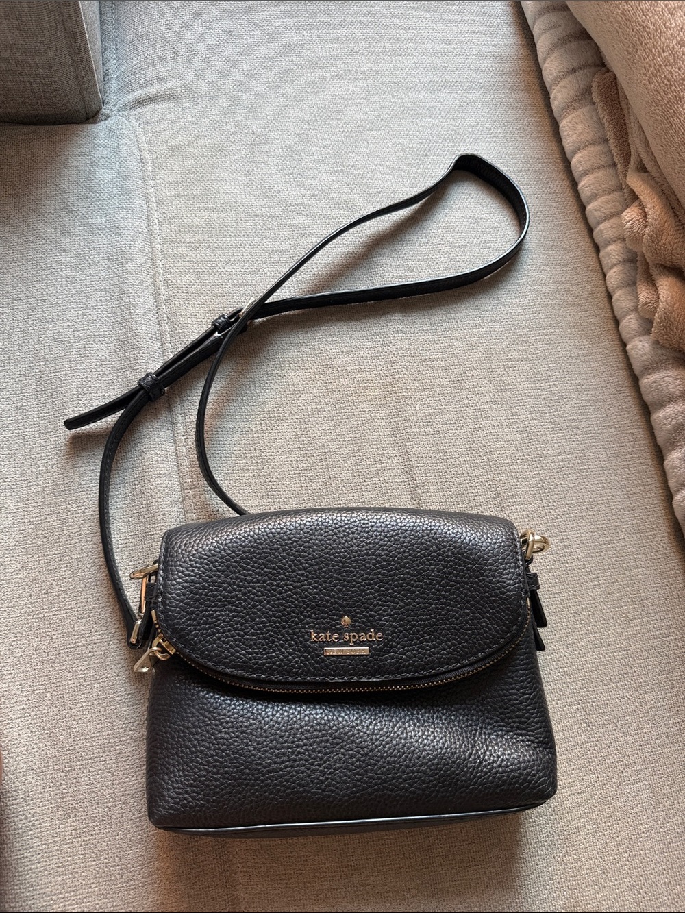 kate spade Black Pebbled Leather Flap Crossbody Bag with Gold Hardware